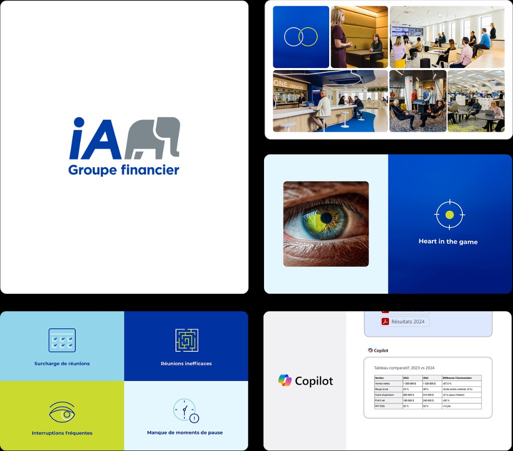 Composite grid of iA video design styles combining iconography, photography, and schematic interfaces